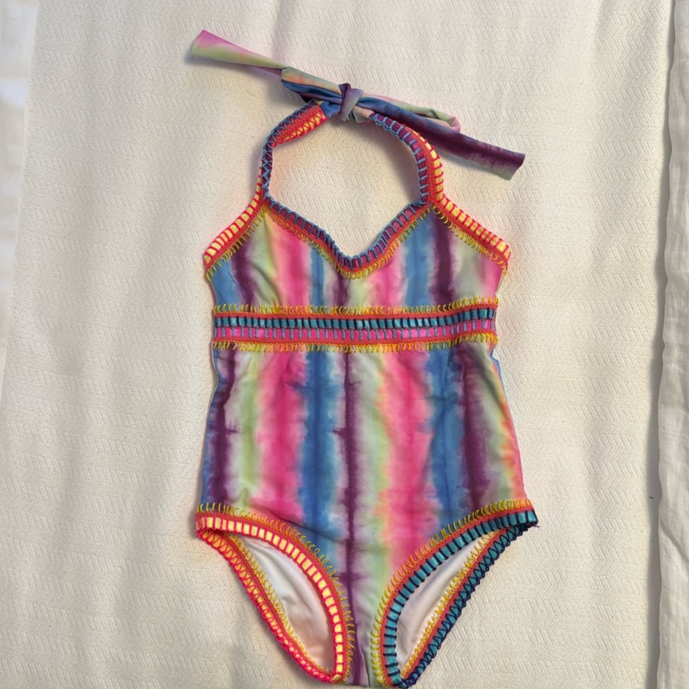 PQ Swim Girls Tie Dye Rainbow Embroidered Bathing Suit Size 10